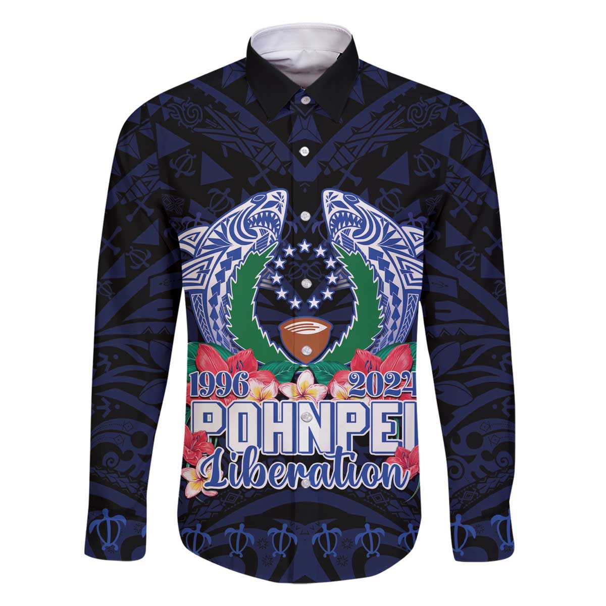 Happy Pohnpei Liberation Day Family Matching Off Shoulder Short Dress and Hawaiian Shirt Polynesian Shark Turtle Motif LT05 Dad's Shirt - Long Sleeve Blue - Polynesian Pride