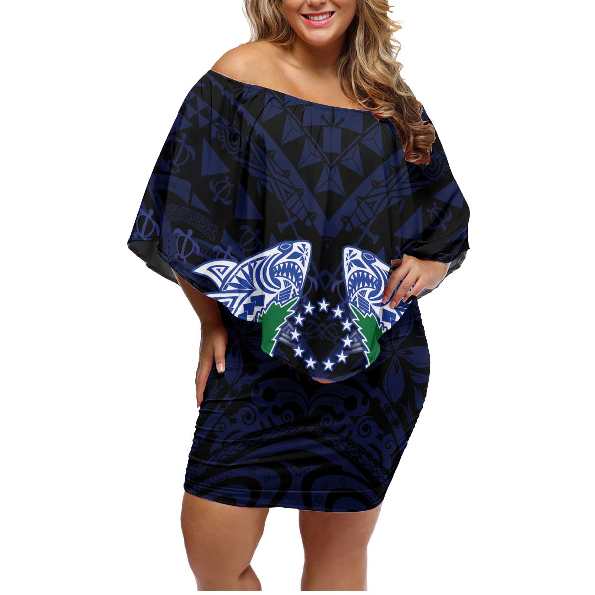 Happy Pohnpei Liberation Day Family Matching Off Shoulder Short Dress and Hawaiian Shirt Polynesian Shark Turtle Motif LT05 Mom's Dress Blue - Polynesian Pride