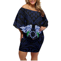 Happy Pohnpei Liberation Day Family Matching Off Shoulder Short Dress and Hawaiian Shirt Polynesian Shark Turtle Motif LT05 Mom's Dress Blue - Polynesian Pride
