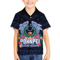 Happy Pohnpei Liberation Day Family Matching Off Shoulder Short Dress and Hawaiian Shirt Polynesian Shark Turtle Motif LT05 Son's Shirt Blue - Polynesian Pride