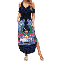Happy Pohnpei Liberation Day Family Matching Summer Maxi Dress and Hawaiian Shirt Polynesian Shark Turtle Motif LT05 Mom's Dress Blue - Polynesian Pride