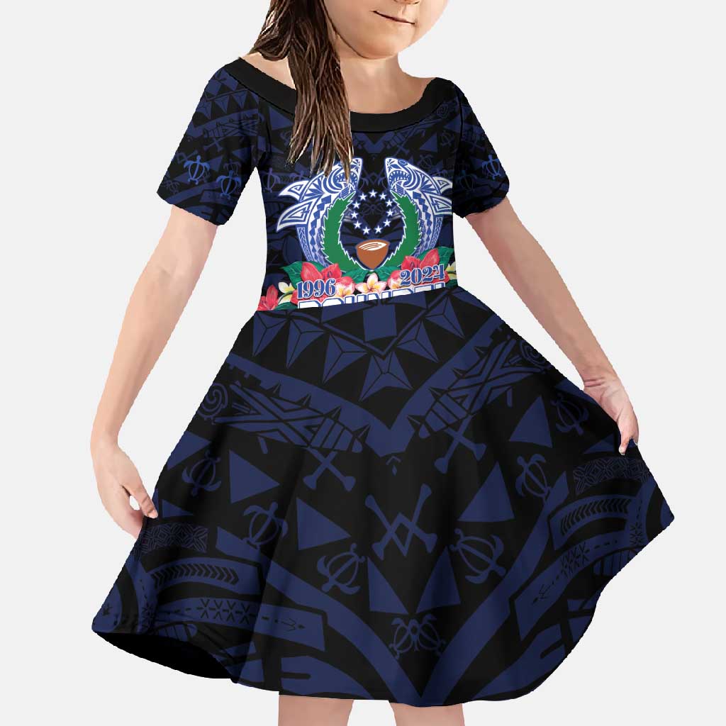 Happy Pohnpei Liberation Day Family Matching Tank Maxi Dress and Hawaiian Shirt Polynesian Shark Turtle Motif LT05 Daughter's Dress Blue - Polynesian Pride