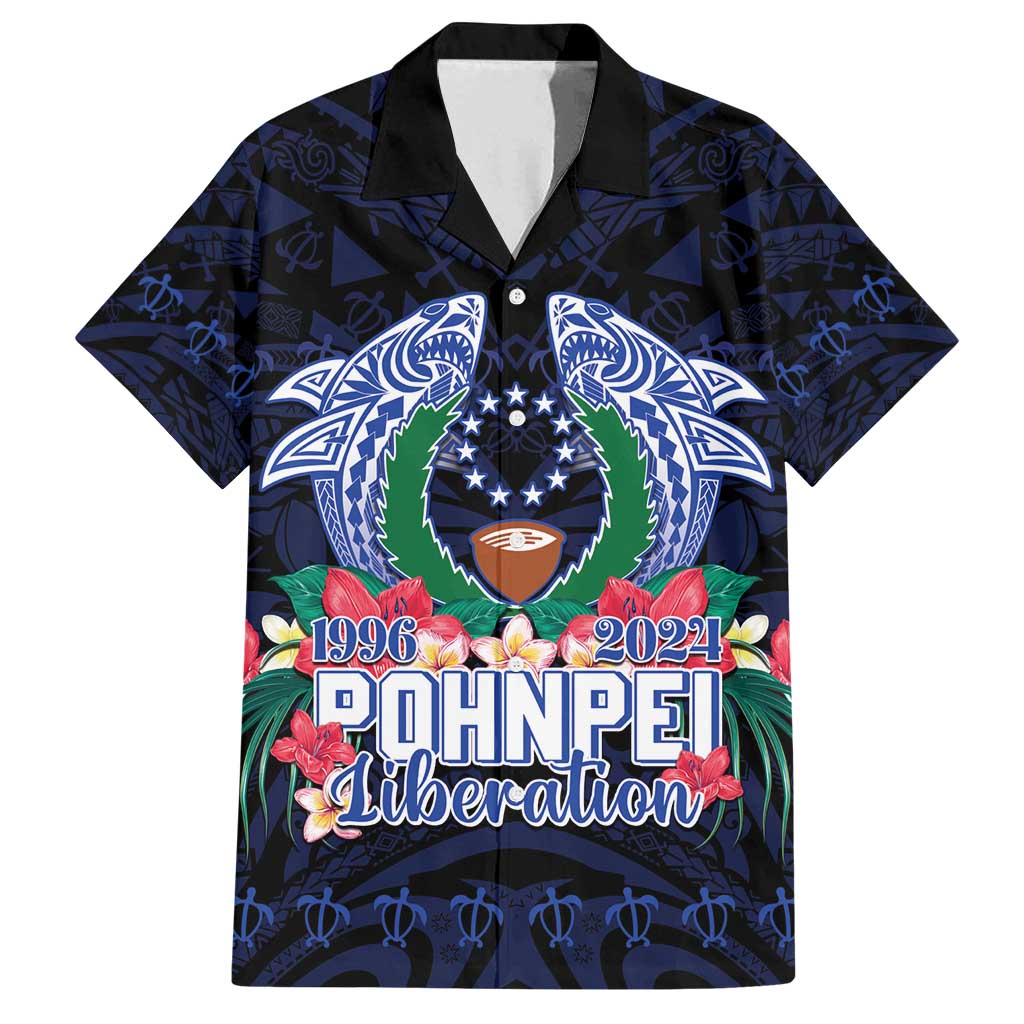 Happy Pohnpei Liberation Day Family Matching Tank Maxi Dress and Hawaiian Shirt Polynesian Shark Turtle Motif LT05 Dad's Shirt - Short Sleeve Blue - Polynesian Pride