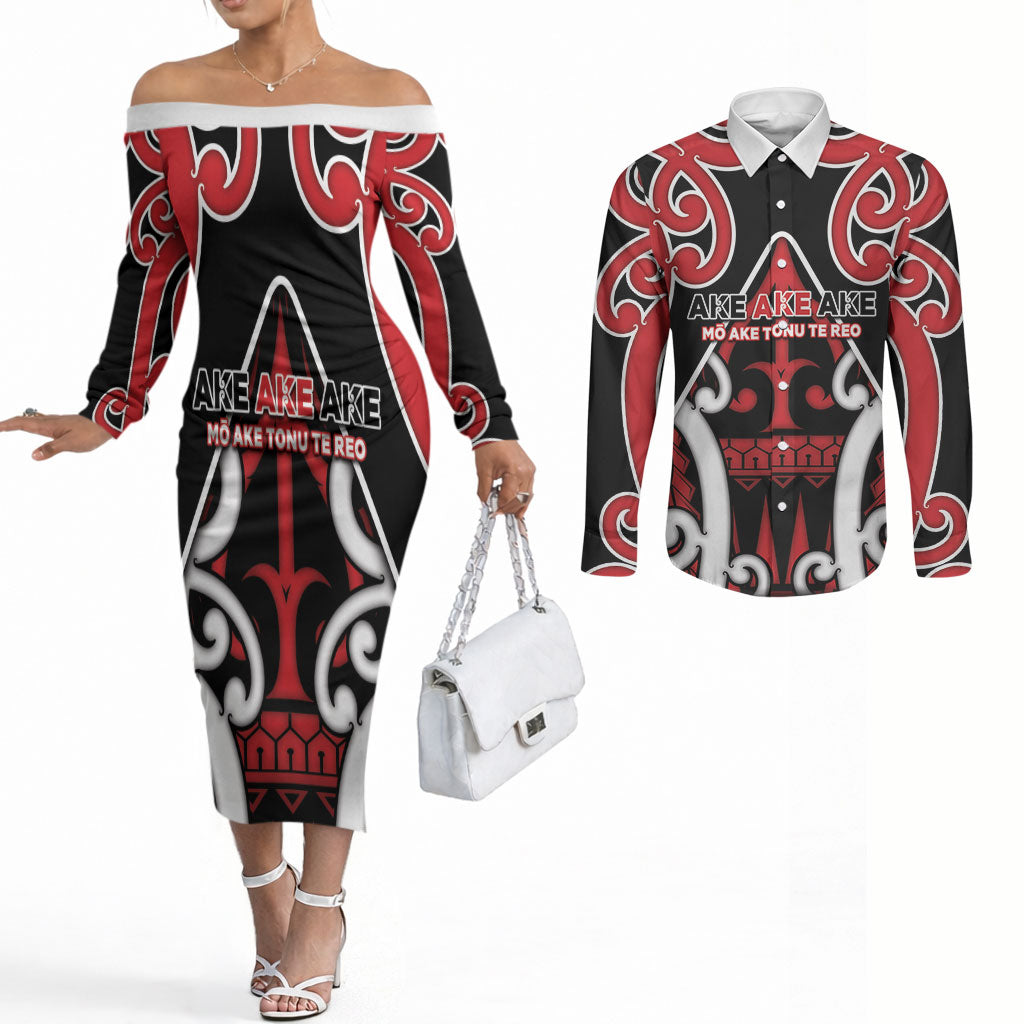 New Zealand Maori Language Week Couples Matching Off The Shoulder Long Sleeve Dress and Long Sleeve Button Shirt Mo Ake Tonu Te Reo LT05 Black - Polynesian Pride