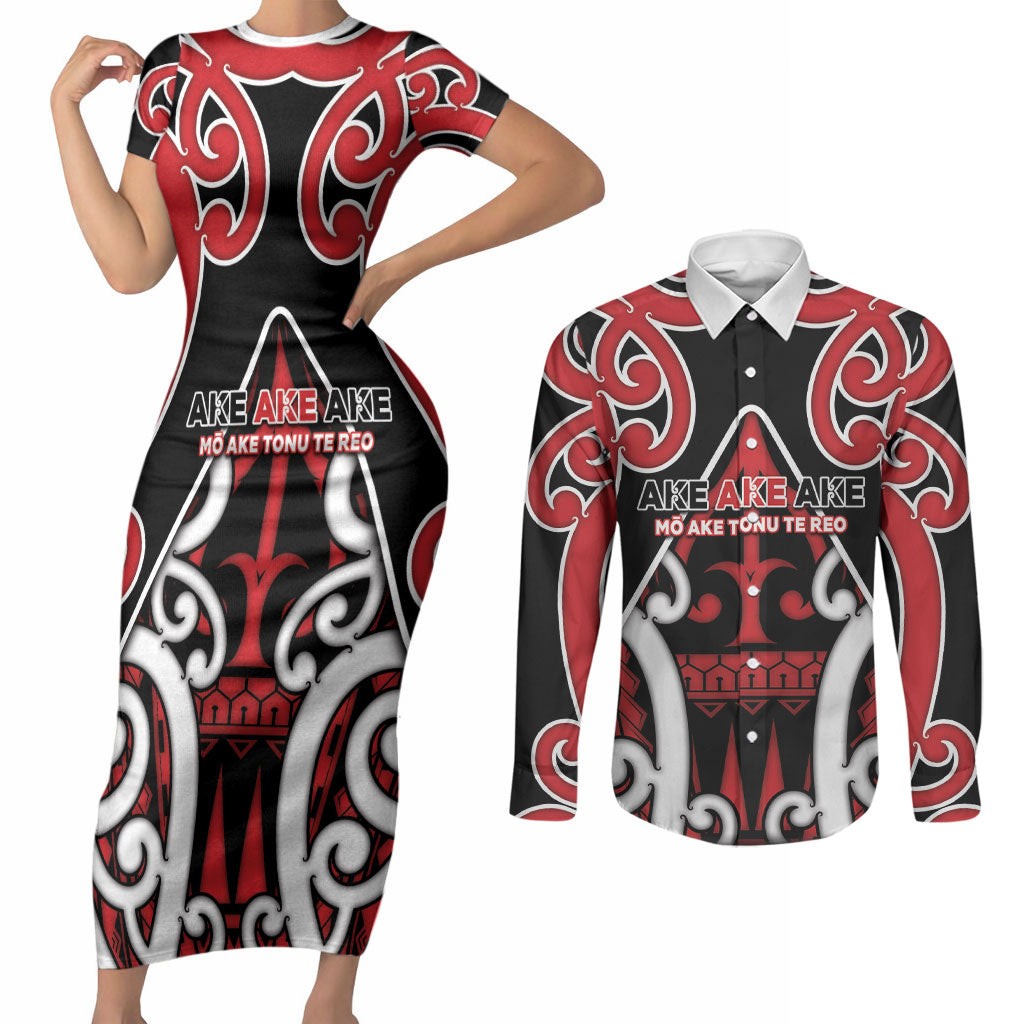 New Zealand Maori Language Week Couples Matching Short Sleeve Bodycon Dress and Long Sleeve Button Shirt Mo Ake Tonu Te Reo