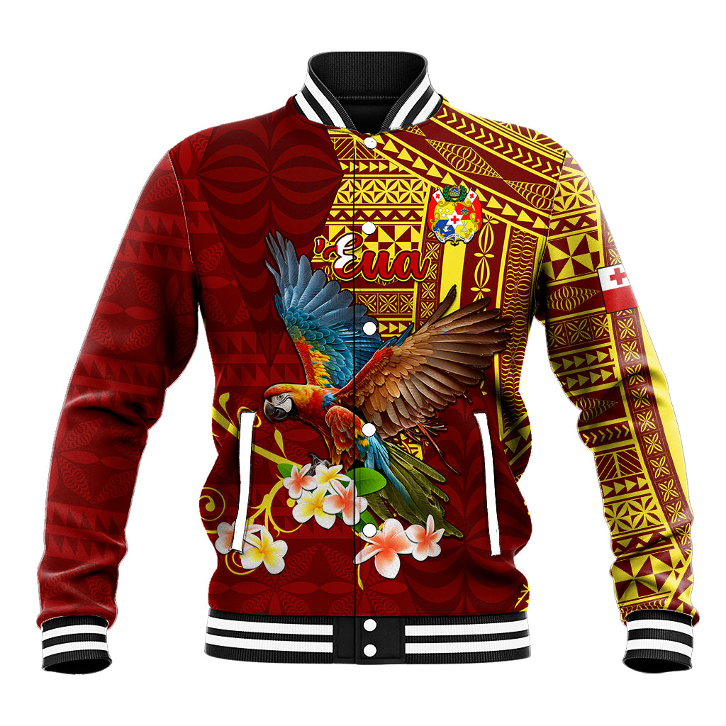 Personalized Tonga Eua Baseball Jacket Maroon Shining Parrot Coat Of Arms With Ngatu Pattern LT05 Unisex Red - Polynesian Pride