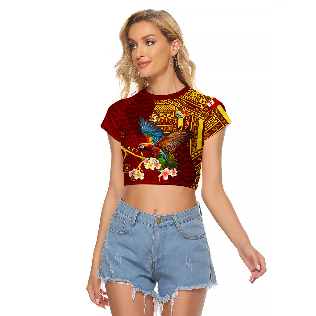 Personalized Tonga Eua Raglan Cropped T Shirt Maroon Shining Parrot Coat Of Arms With Ngatu Pattern LT05 Female Red - Polynesian Pride
