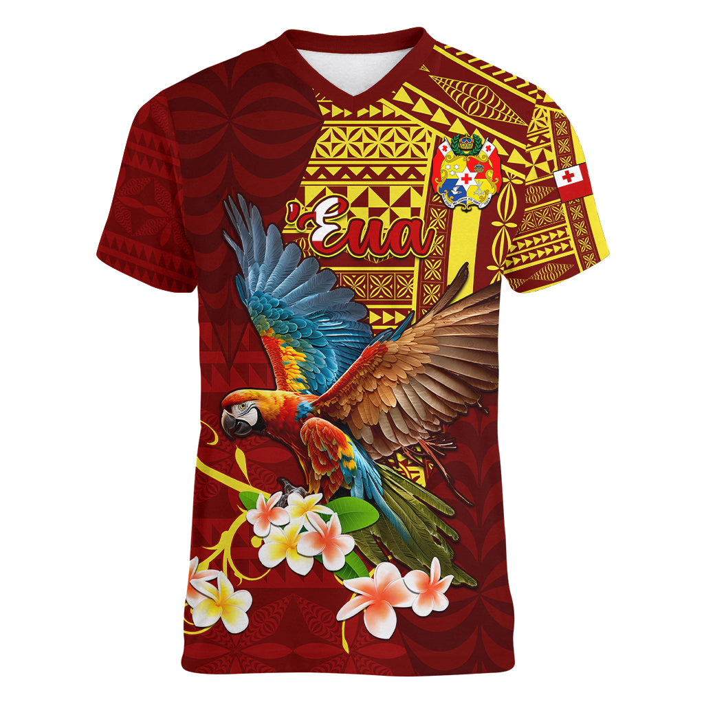 Personalized Tonga Eua Women V Neck T Shirt Maroon Shining Parrot Coat Of Arms With Ngatu Pattern LT05 Female Red - Polynesian Pride
