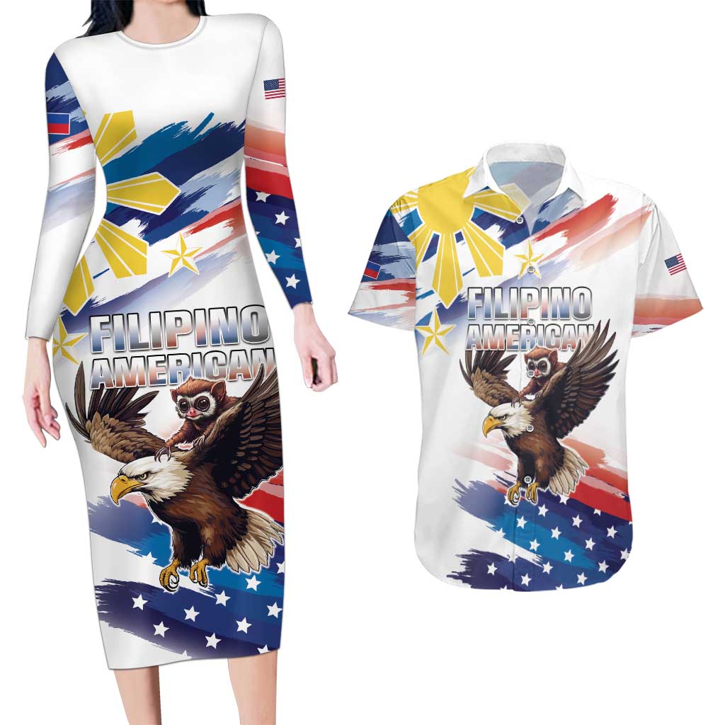 Filipino American History Month Couples Matching Long Sleeve Bodycon Dress and Hawaiian Shirt Bald Eagle Tarsier Together LT05 White - Polynesian Pride