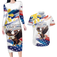 Filipino American History Month Couples Matching Long Sleeve Bodycon Dress and Hawaiian Shirt Bald Eagle Tarsier Together LT05 White - Polynesian Pride