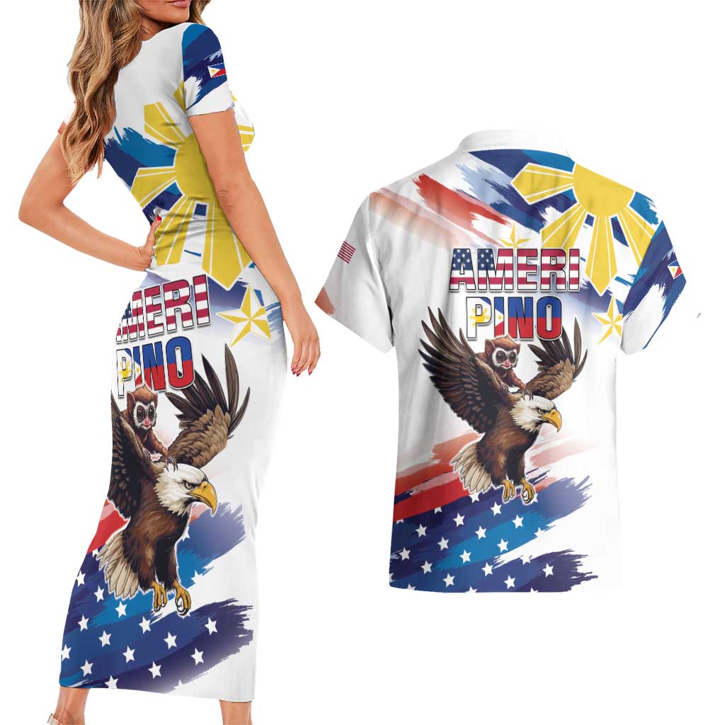 Filipino American History Month Couples Matching Short Sleeve Bodycon Dress and Hawaiian Shirt Bald Eagle Tarsier Together LT05 - Polynesian Pride