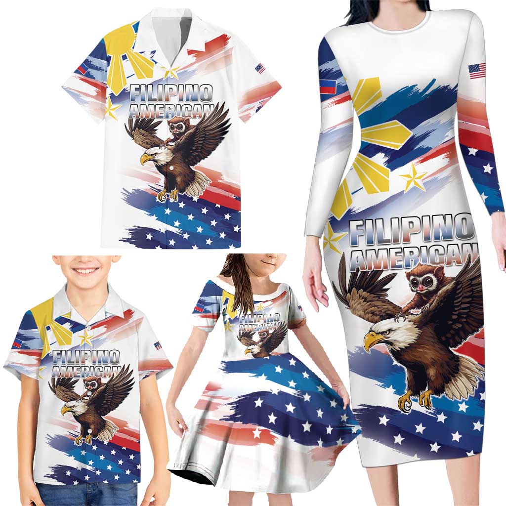 Filipino American History Month Family Matching Long Sleeve Bodycon Dress and Hawaiian Shirt Bald Eagle Tarsier Together LT05 - Polynesian Pride
