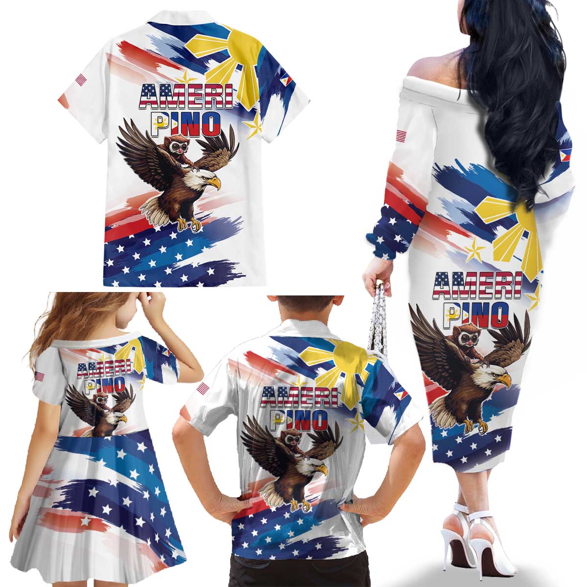 Filipino American History Month Family Matching Off The Shoulder Long Sleeve Dress and Hawaiian Shirt Bald Eagle Tarsier Together LT05 - Polynesian Pride