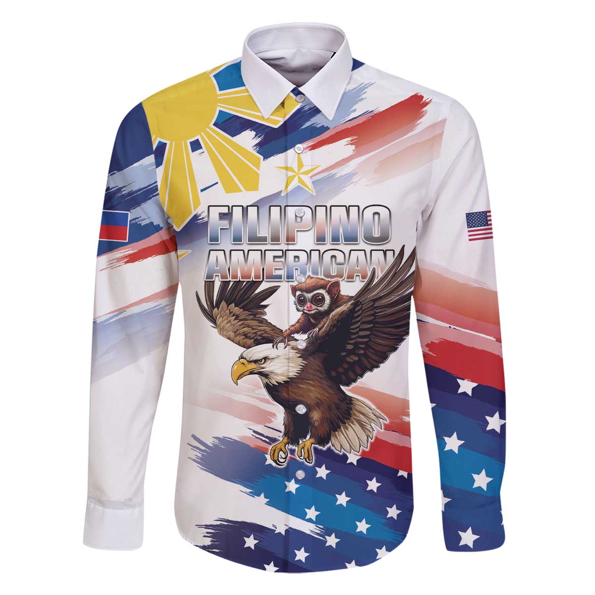Filipino American History Month Family Matching Off Shoulder Short Dress and Hawaiian Shirt Bald Eagle Tarsier Together LT05 Dad's Shirt - Long Sleeve White - Polynesian Pride