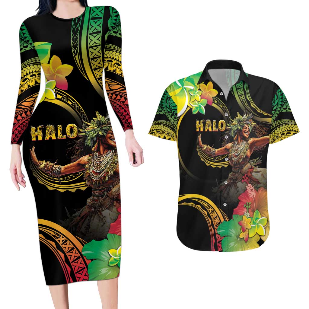 Halo Vanuatu Couples Matching Long Sleeve Bodycon Dress and Hawaiian Shirt Beautiful Woman Dancing LT05 Black - Polynesian Pride