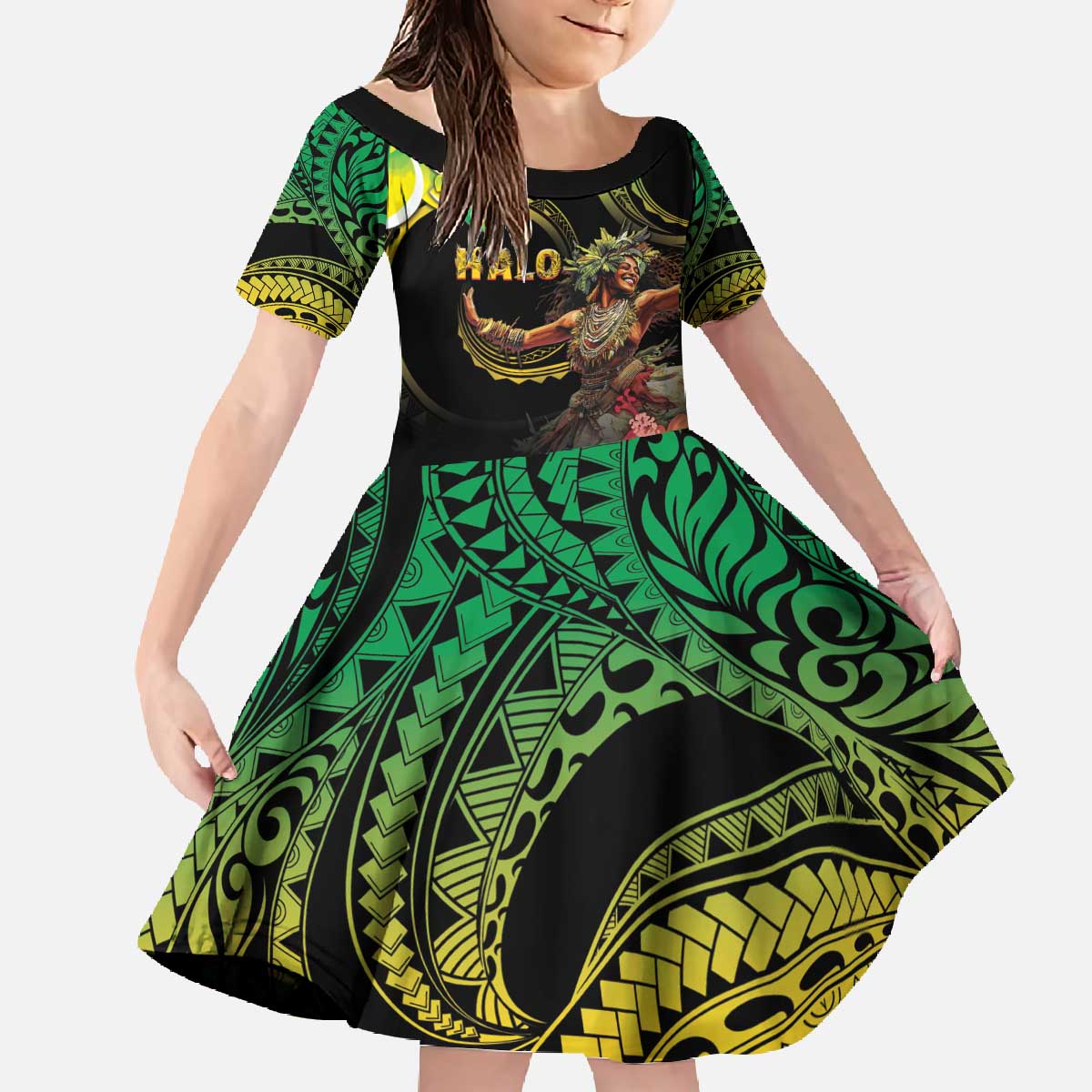 Halo Vanuatu Family Matching Off The Shoulder Long Sleeve Dress and Hawaiian Shirt Beautiful Woman Dancing LT05 Daughter's Dress Black - Polynesian Pride