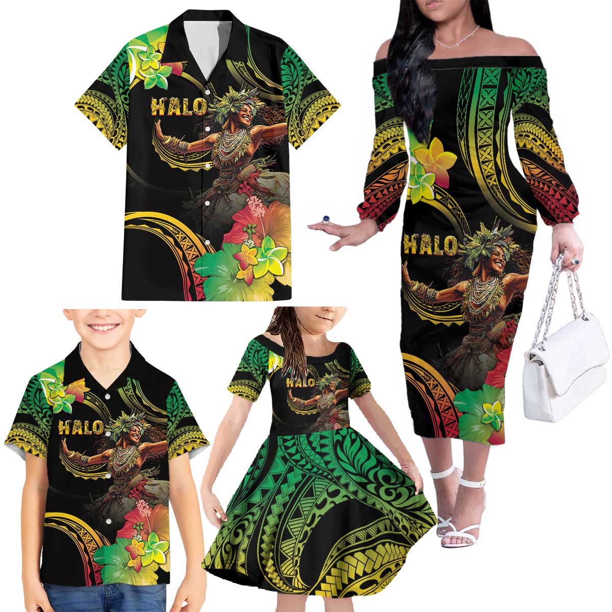 Halo Vanuatu Family Matching Off The Shoulder Long Sleeve Dress and Hawaiian Shirt Beautiful Woman Dancing LT05 - Polynesian Pride