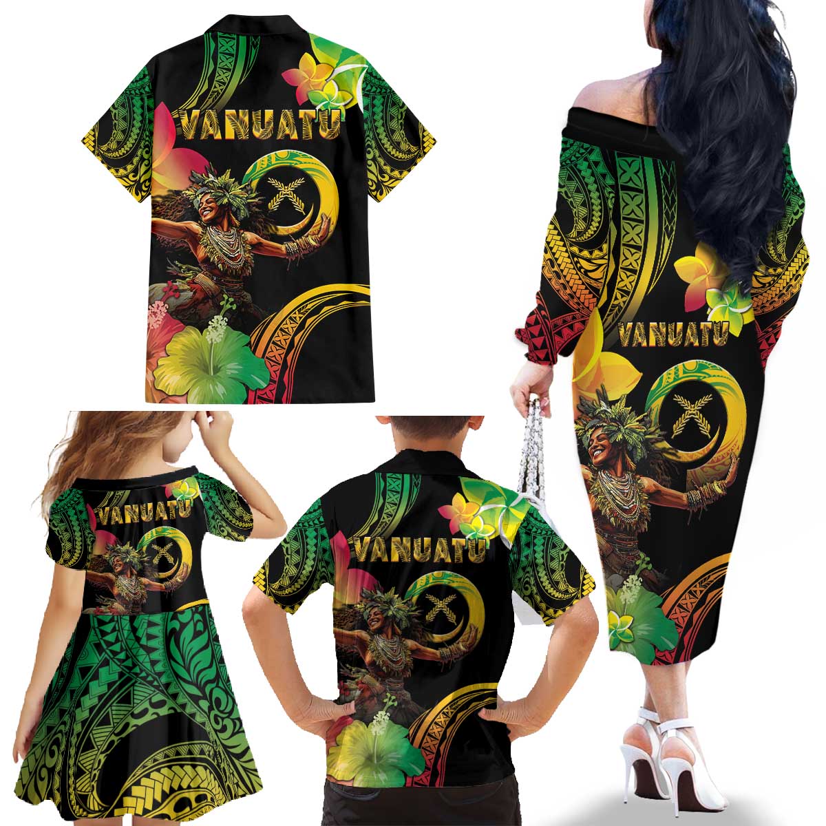 Halo Vanuatu Family Matching Off The Shoulder Long Sleeve Dress and Hawaiian Shirt Beautiful Woman Dancing LT05 - Polynesian Pride