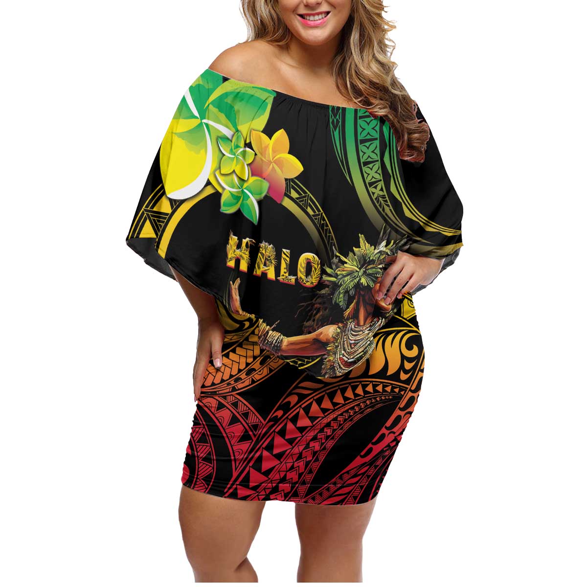 Halo Vanuatu Family Matching Off Shoulder Short Dress and Hawaiian Shirt Beautiful Woman Dancing LT05 Mom's Dress Black - Polynesian Pride