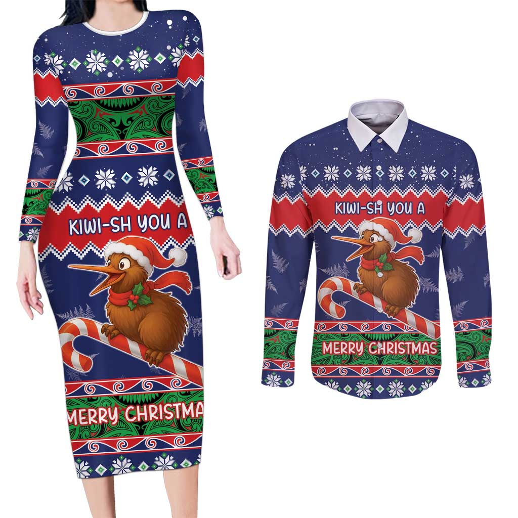 New Zealand Christmas Couples Matching Long Sleeve Bodycon Dress and Long Sleeve Button Shirt Kiwi-sh You A Merry Christmas - Polynesian Pride