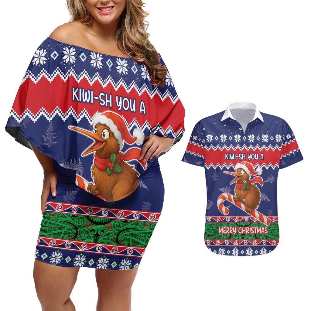 New Zealand Christmas Couples Matching Off Shoulder Short Dress and Hawaiian Shirt Kiwi-sh You A Merry Christmas LT05 Blue - Polynesian Pride