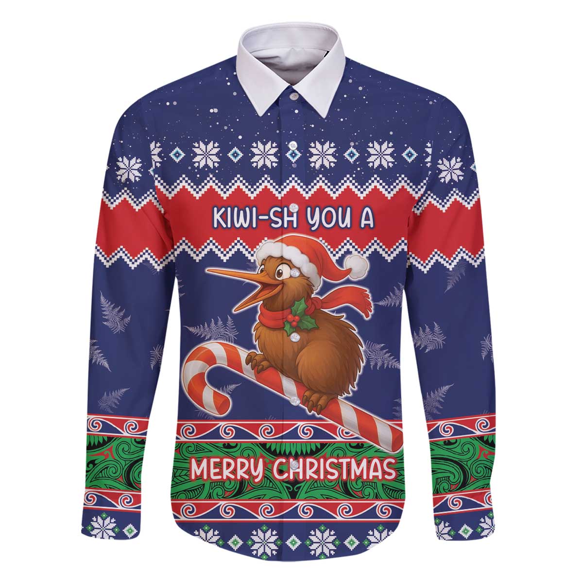 New Zealand Christmas Family Matching Off The Shoulder Long Sleeve Dress and Hawaiian Shirt Kiwi-sh You A Merry Christmas LT05 Dad's Shirt - Long Sleeve Blue - Polynesian Pride