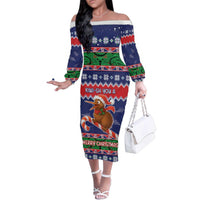 New Zealand Christmas Family Matching Off The Shoulder Long Sleeve Dress and Hawaiian Shirt Kiwi-sh You A Merry Christmas LT05 Mom's Dress Blue - Polynesian Pride