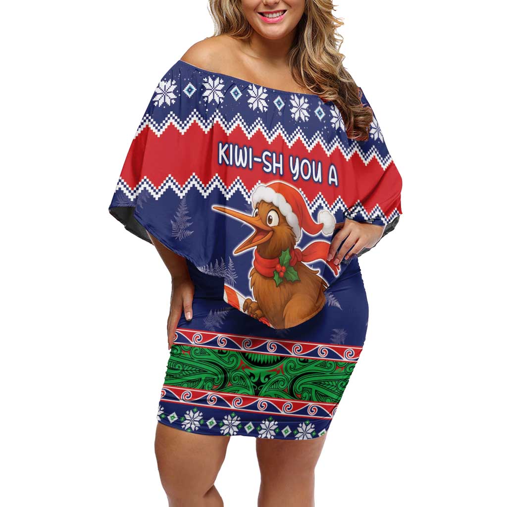New Zealand Christmas Family Matching Off Shoulder Short Dress and Hawaiian Shirt Kiwi-sh You A Merry Christmas LT05 Mom's Dress Blue - Polynesian Pride