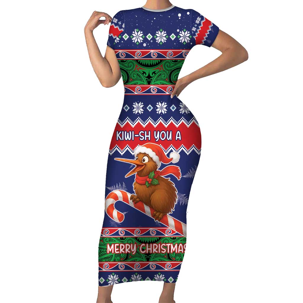 New Zealand Christmas Short Sleeve Bodycon Dress Kiwi-sh You A Merry Christmas LT05 Long Dress Blue - Polynesian Pride