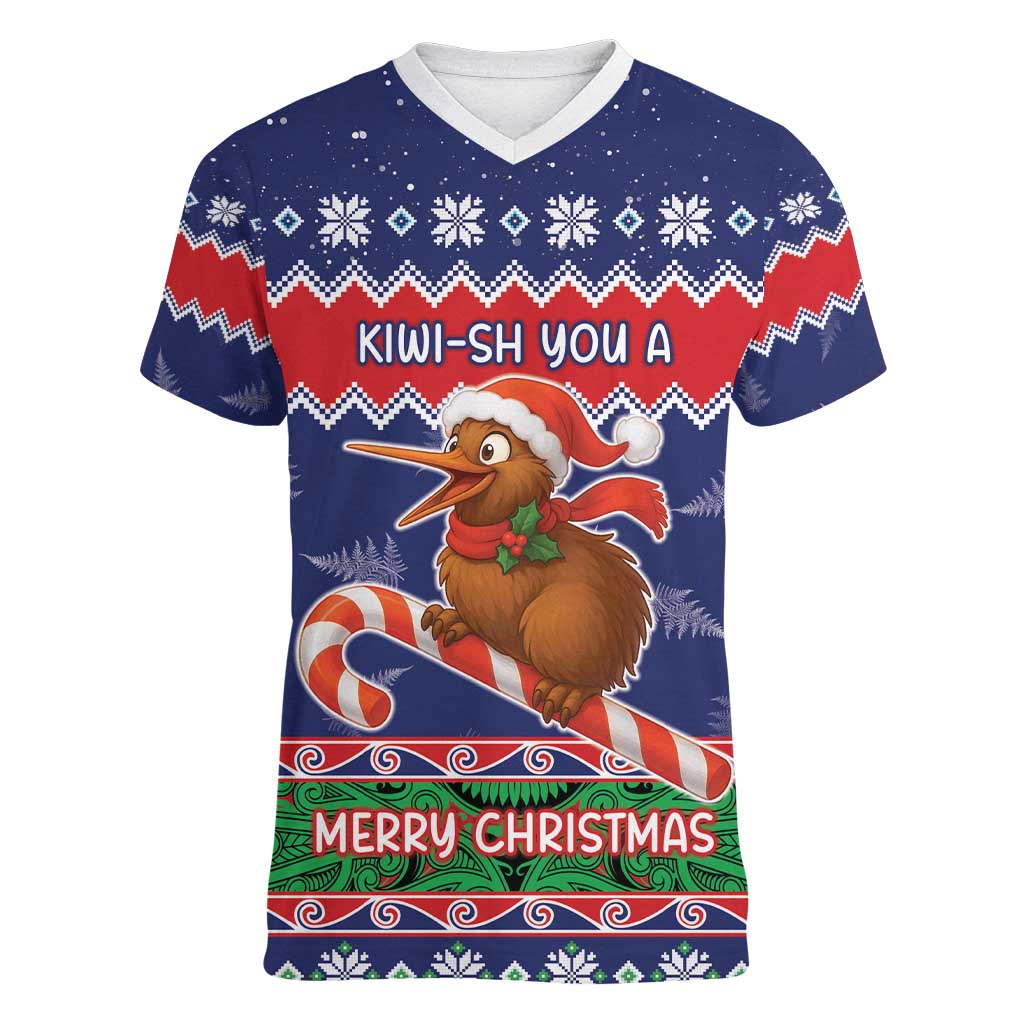 New Zealand Christmas Women V-Neck T-Shirt Kiwi-sh You A Merry Christmas LT05 Female Blue - Polynesian Pride