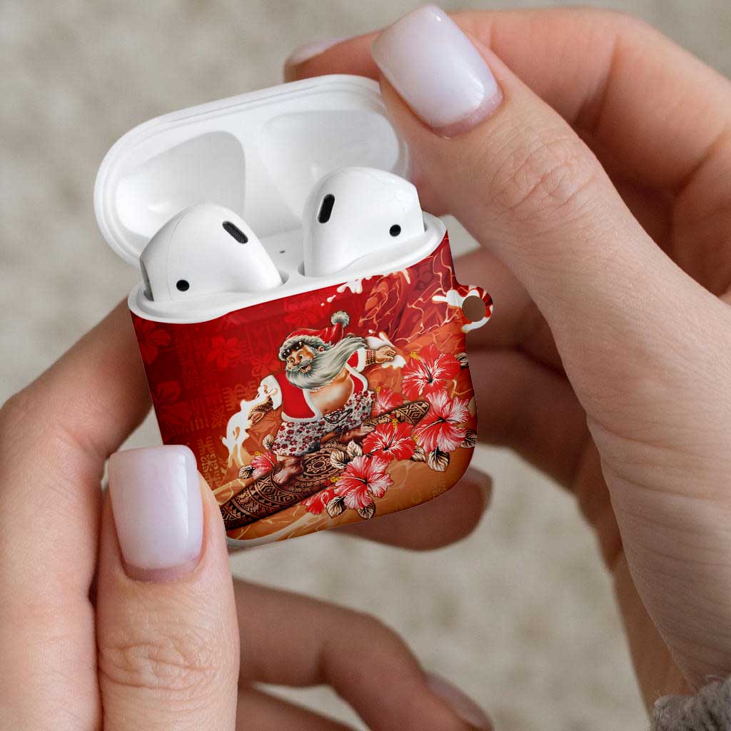 Hawaii Funny Christmas AirPods Case Santa Surfing With Tapa Pattern - Polynesian Pride