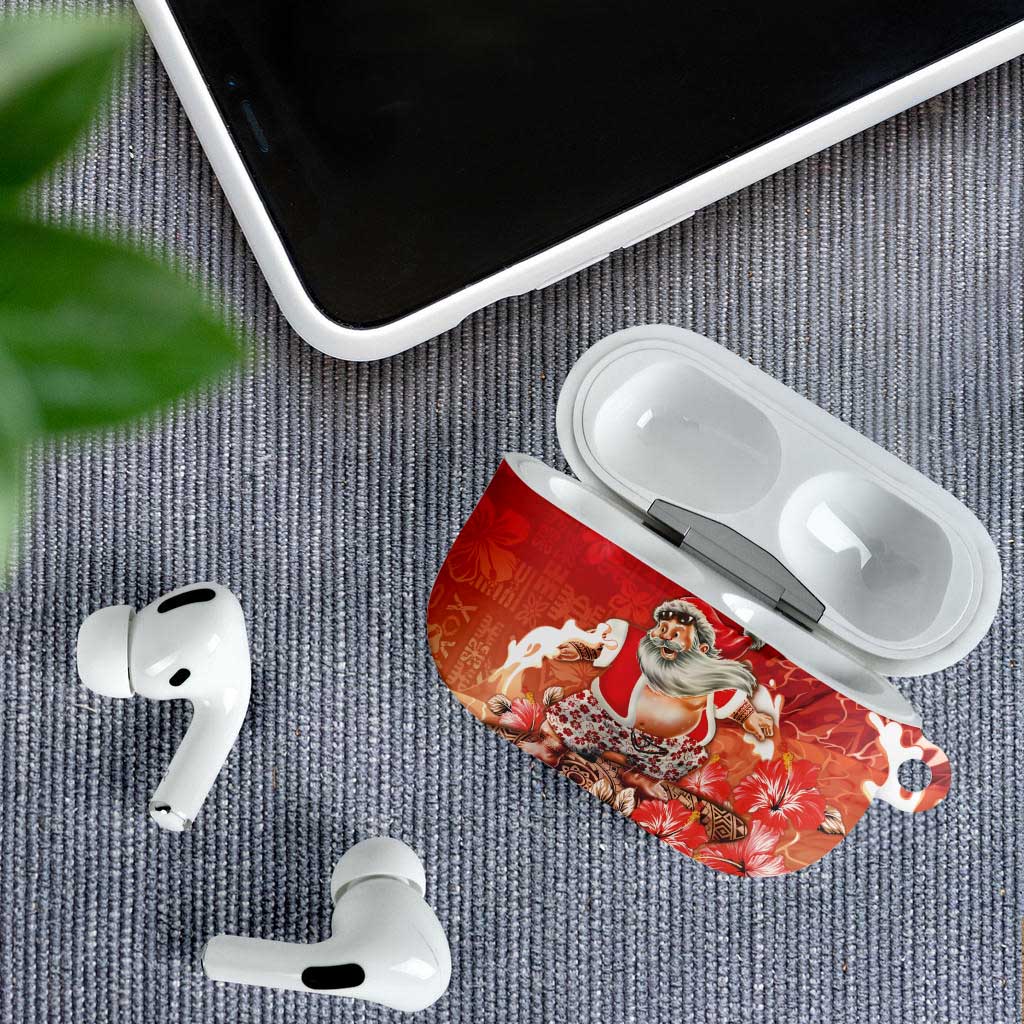 Hawaii Funny Christmas AirPods Case Santa Surfing With Tapa Pattern - Polynesian Pride