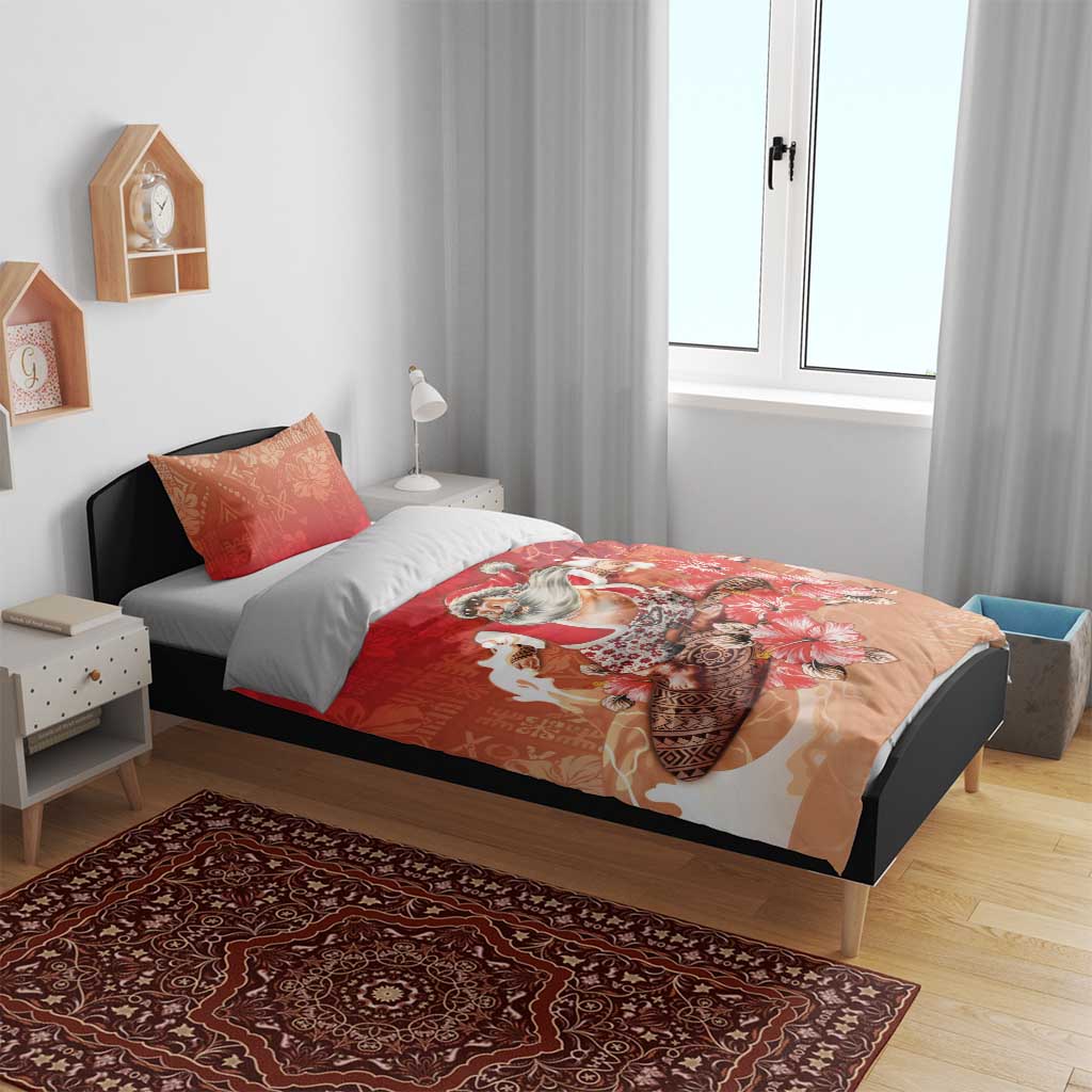 Hawaii Funny Christmas Bedding Set Santa Surfing With Tapa Pattern - Polynesian Pride