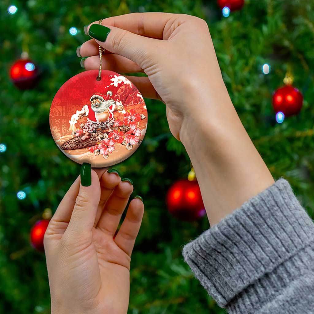 Hawaii Funny Christmas Ceramic Ornament Santa Surfing With Tapa Pattern - Polynesian Pride