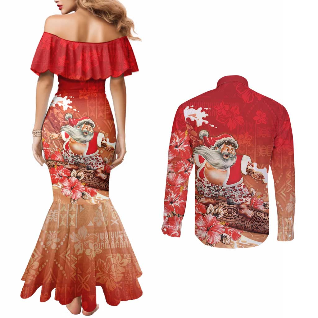 Hawaii Funny Christmas Couples Matching Mermaid Dress and Long Sleeve Button Shirt Santa Surfing With Tapa Pattern LT05 - Polynesian Pride