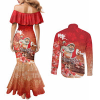 Hawaii Funny Christmas Couples Matching Mermaid Dress and Long Sleeve Button Shirt Santa Surfing With Tapa Pattern LT05 - Polynesian Pride