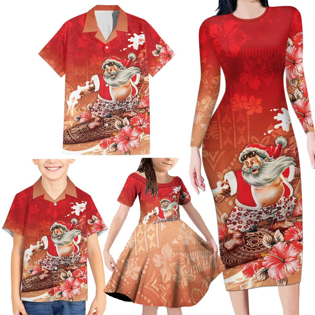 Hawaii Funny Christmas Family Matching Long Sleeve Bodycon Dress and Hawaiian Shirt Santa Surfing With Tapa Pattern LT05 - Polynesian Pride