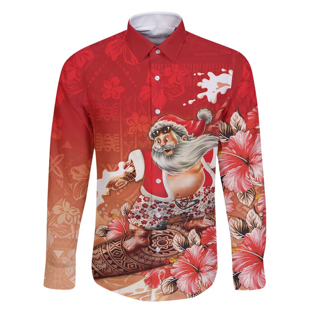 Hawaii Funny Christmas Family Matching Mermaid Dress and Hawaiian Shirt Santa Surfing With Tapa Pattern LT05 Dad's Shirt - Long Sleeve Red - Polynesian Pride