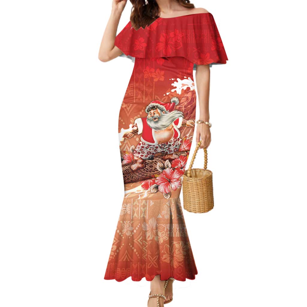 Hawaii Funny Christmas Family Matching Mermaid Dress and Hawaiian Shirt Santa Surfing With Tapa Pattern LT05 Mom's Dress Red - Polynesian Pride