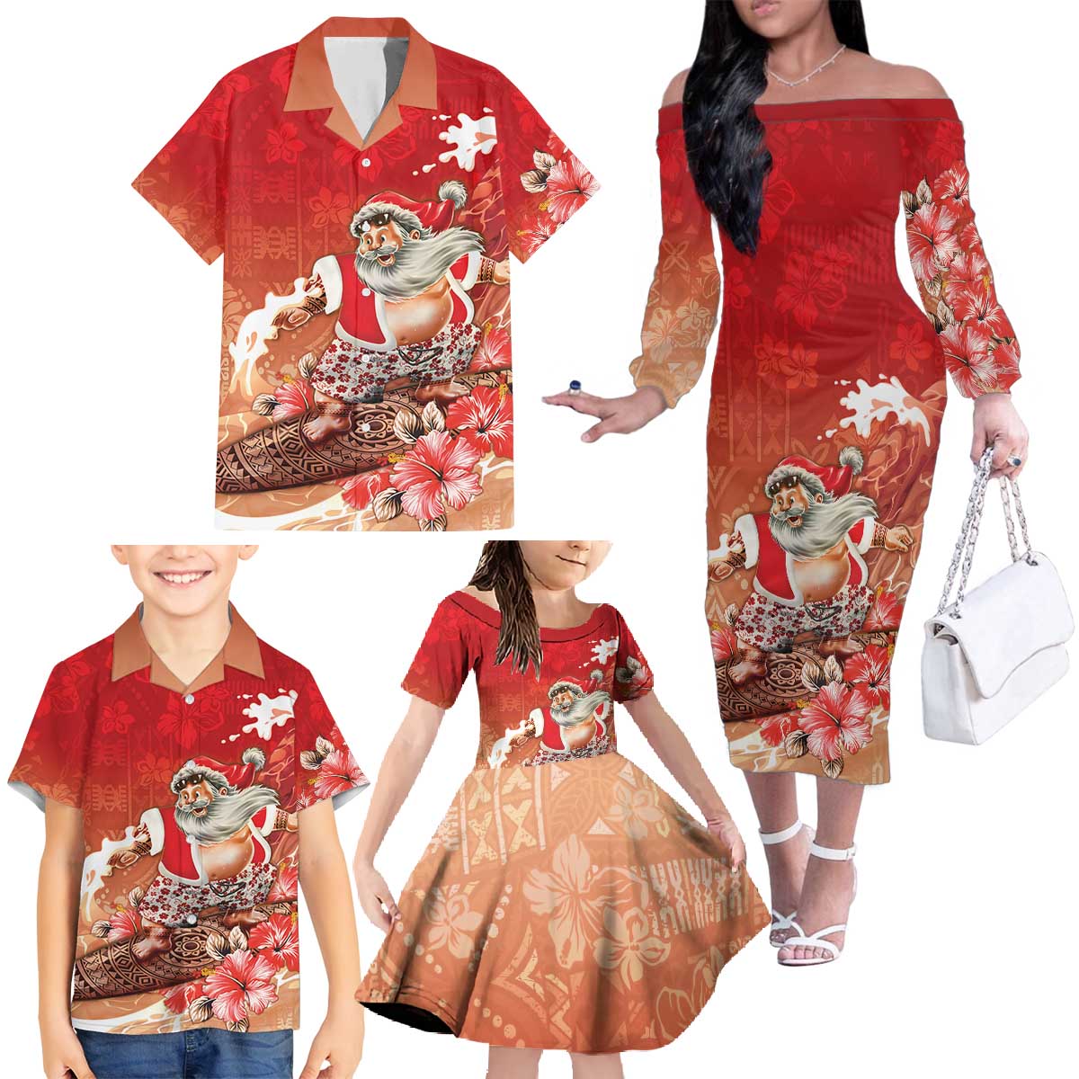 Hawaii Funny Christmas Family Matching Off The Shoulder Long Sleeve Dress and Hawaiian Shirt Santa Surfing With Tapa Pattern LT05 - Polynesian Pride