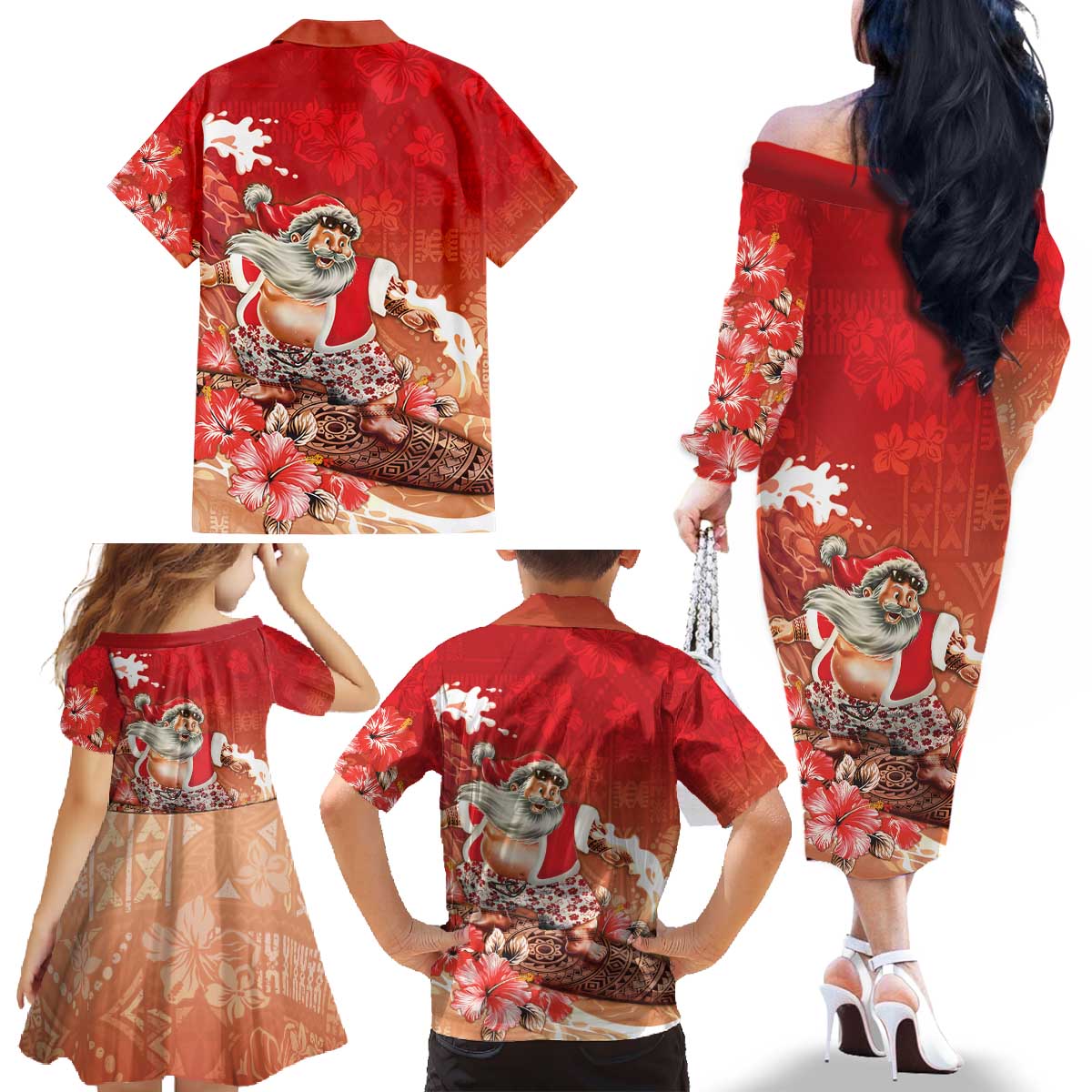 Hawaii Funny Christmas Family Matching Off The Shoulder Long Sleeve Dress and Hawaiian Shirt Santa Surfing With Tapa Pattern LT05 - Polynesian Pride
