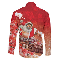 Hawaii Funny Christmas Family Matching Off The Shoulder Long Sleeve Dress and Hawaiian Shirt Santa Surfing With Tapa Pattern LT05 - Polynesian Pride