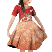 Hawaii Funny Christmas Family Matching Off Shoulder Short Dress and Hawaiian Shirt Santa Surfing With Tapa Pattern LT05 Daughter's Dress Red - Polynesian Pride
