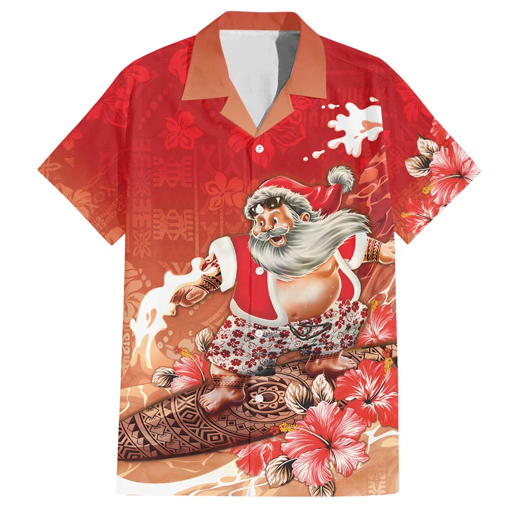 Hawaii Funny Christmas Family Matching Off Shoulder Short Dress and Hawaiian Shirt Santa Surfing With Tapa Pattern LT05 Dad's Shirt - Short Sleeve Red - Polynesian Pride