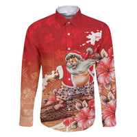 Hawaii Funny Christmas Family Matching Off Shoulder Short Dress and Hawaiian Shirt Santa Surfing With Tapa Pattern LT05 Dad's Shirt - Long Sleeve Red - Polynesian Pride