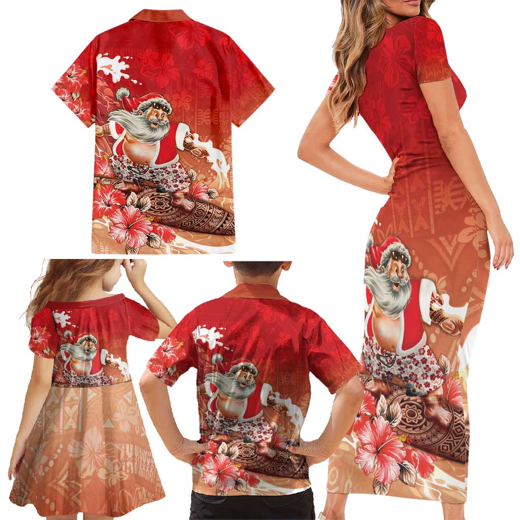 Hawaii Funny Christmas Family Matching Short Sleeve Bodycon Dress and Hawaiian Shirt Santa Surfing With Tapa Pattern LT05 - Polynesian Pride