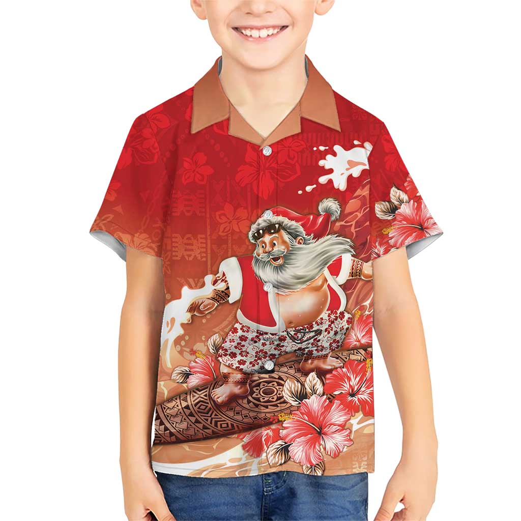 Hawaii Funny Christmas Family Matching Short Sleeve Bodycon Dress and Hawaiian Shirt Santa Surfing With Tapa Pattern LT05 Son's Shirt Red - Polynesian Pride