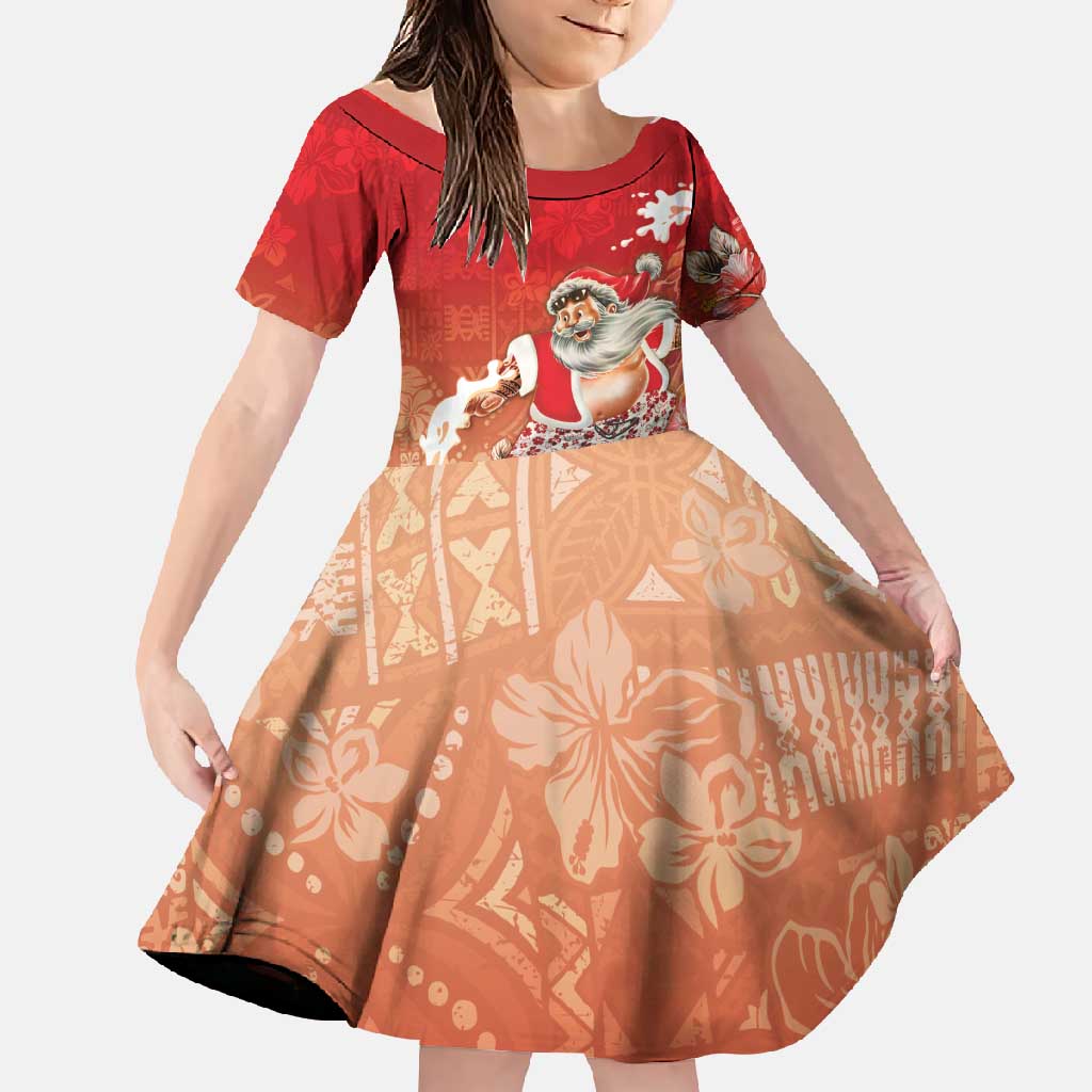 Hawaii Funny Christmas Family Matching Tank Maxi Dress and Hawaiian Shirt Santa Surfing With Tapa Pattern LT05 Daughter's Dress Red - Polynesian Pride