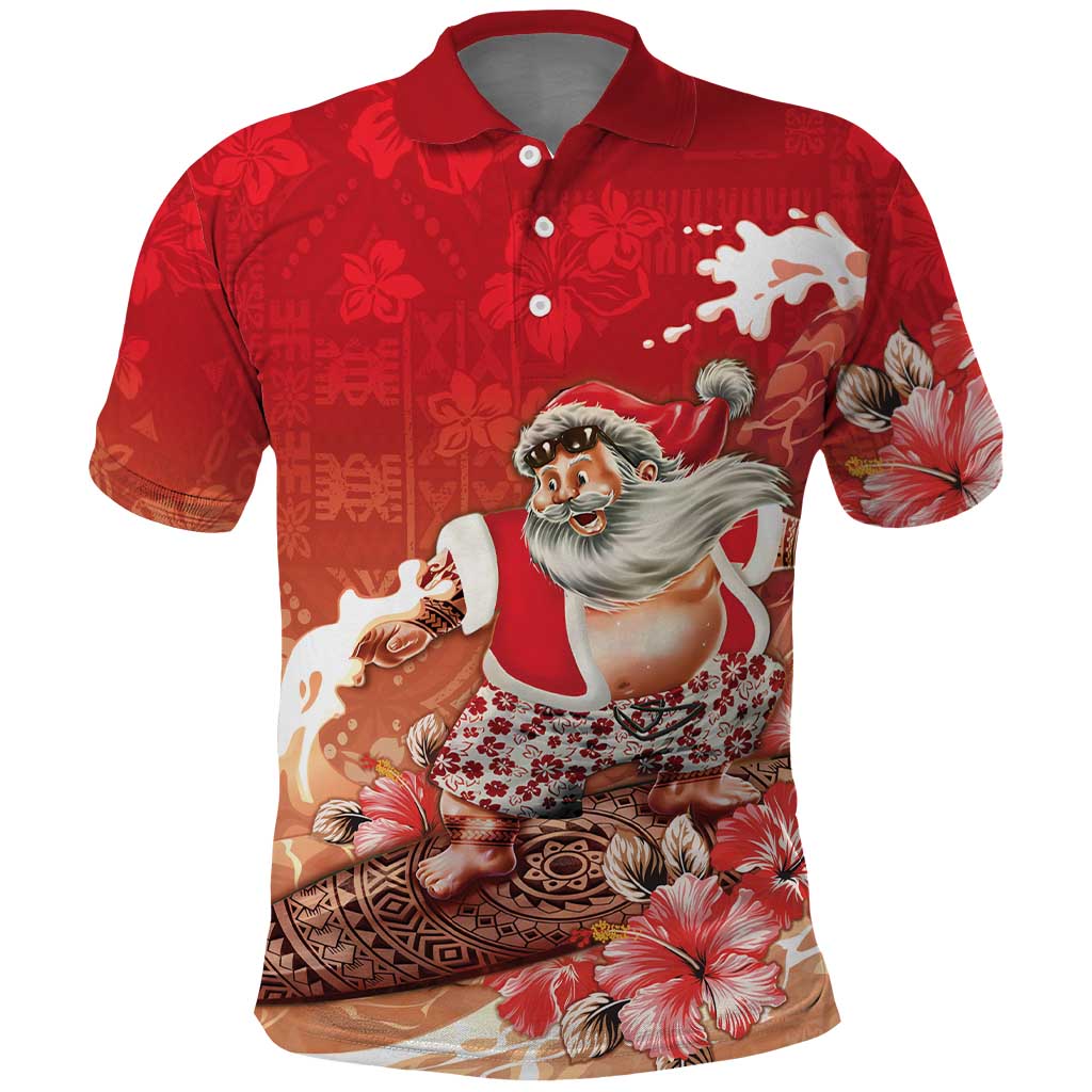 Hawaii Funny Christmas Polo Shirt Santa Surfing With Tapa Pattern - Polynesian Pride