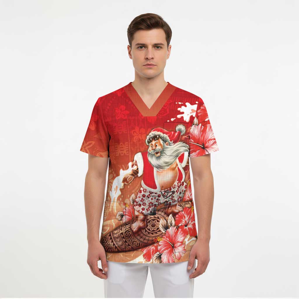 Hawaii Funny Christmas Scrub Top Santa Surfing With Tapa Pattern - Polynesian Pride